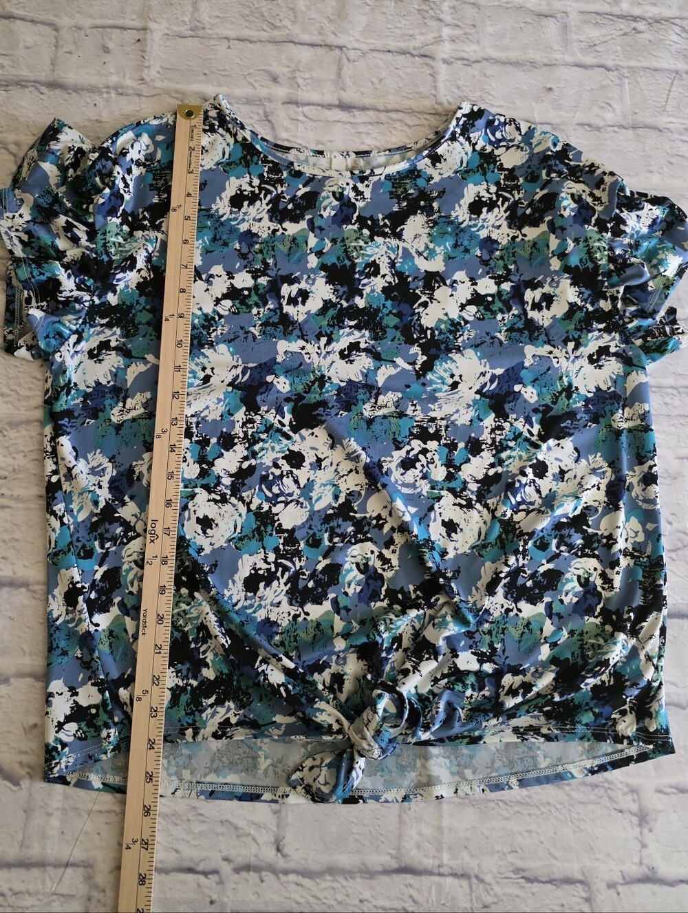 NY Collection Blue Ruched Tie Front Blouse - Picture 8 of 9